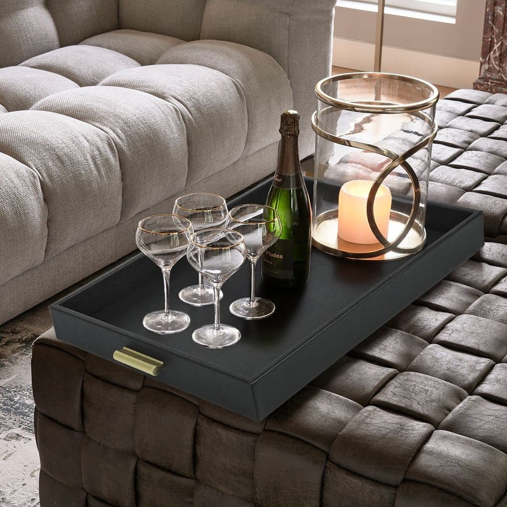 HofferRuffer Extra Large Serving Tray with Handles, Elegant Faux Leather Storage