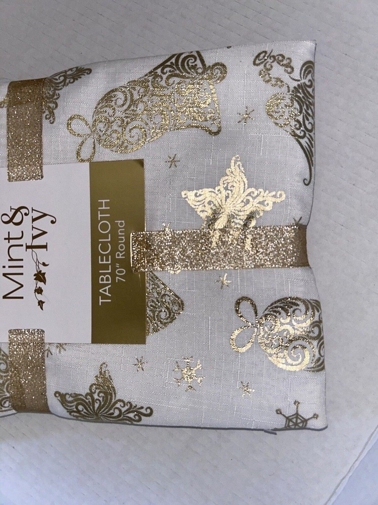 70" round tablecloth white with gold holiday pattern ornaments