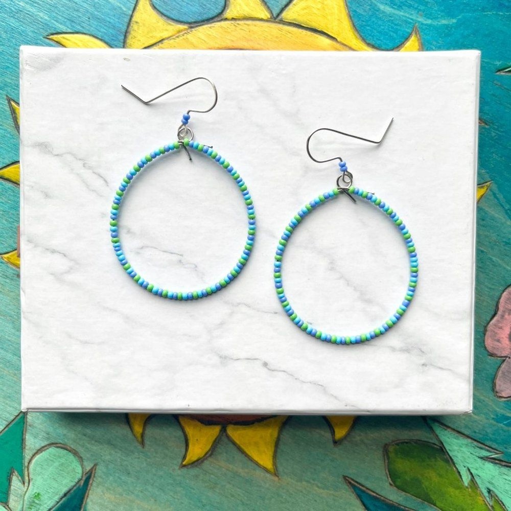 Ocean Hand Beaded Tear Drop Earrings