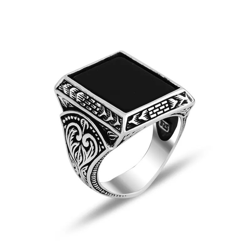 Mens Sterling Silver Black Onyx Rectangular Statement Ring 925 Silver Ring.