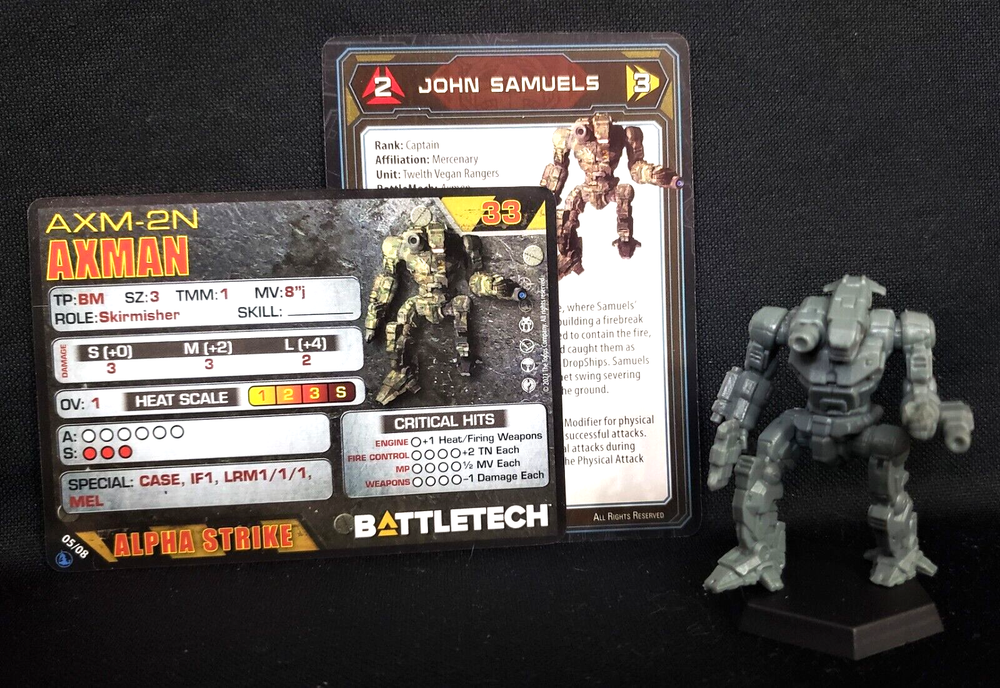 Battletech Axeman Mech +Pilot Cards Alpha Strike Inner Sphere Heavy Battle Lance