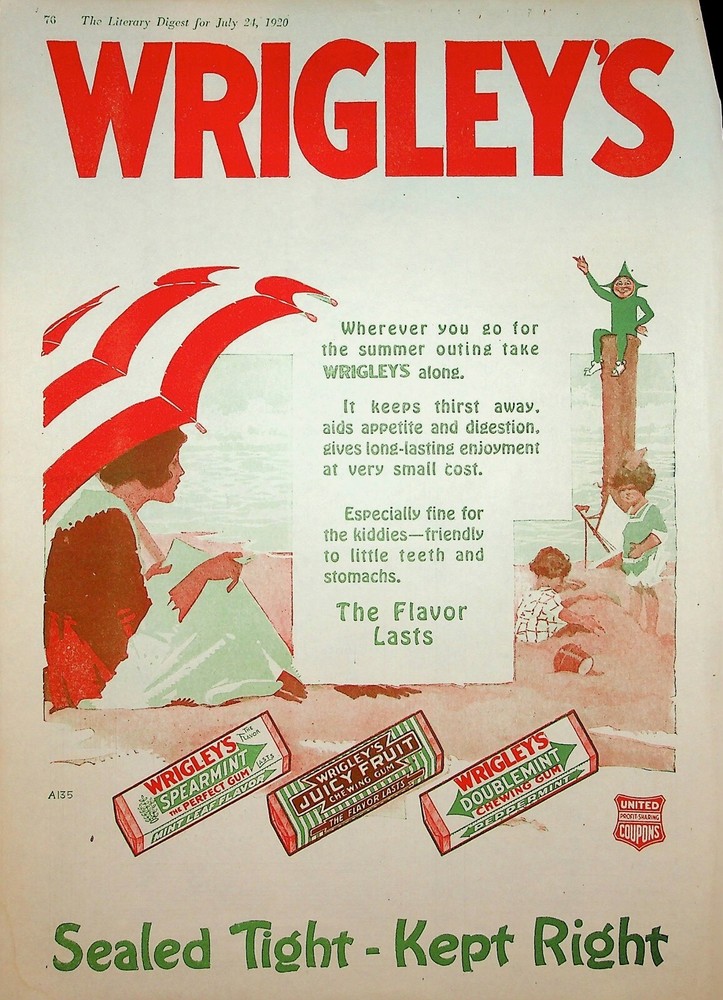 Original 1920 Wrigley's Ad: Beach; Striped Umbrella