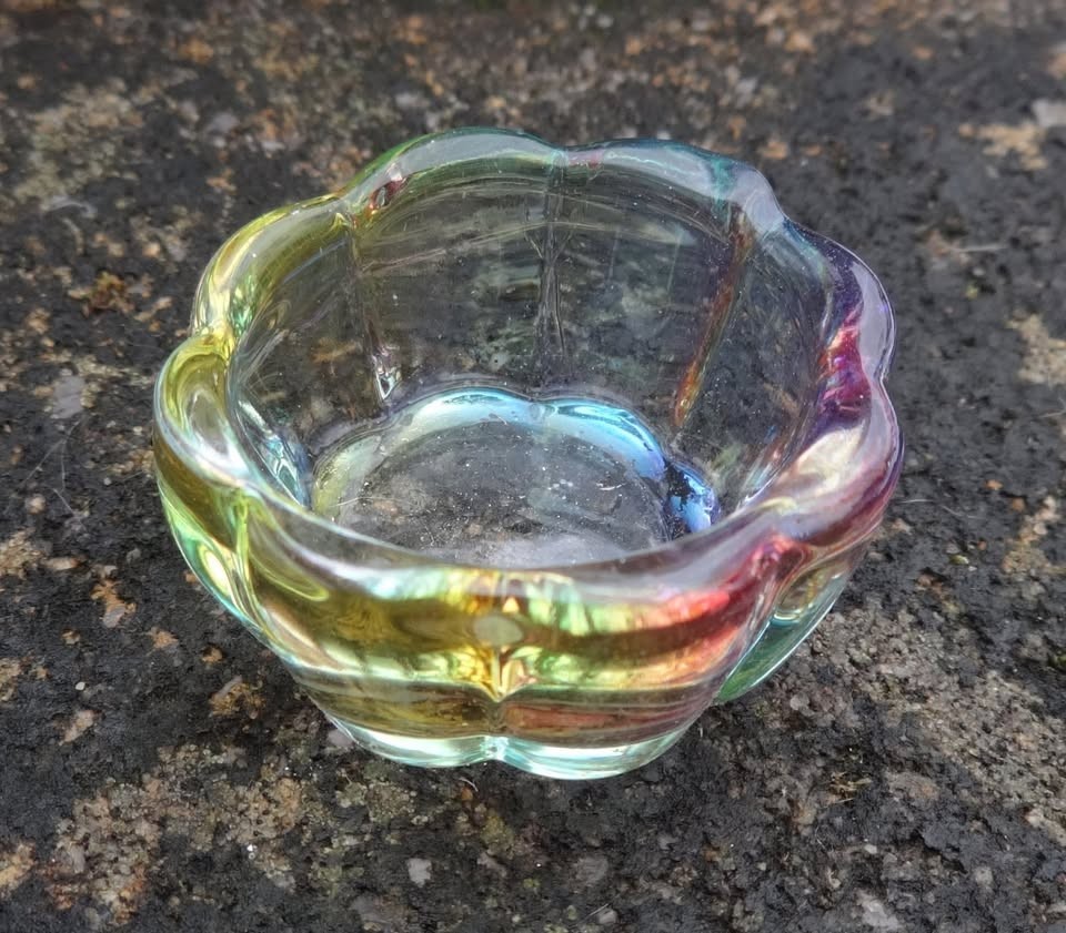Round, Flower-Shaped RAINBOW Glass Open Salt Dip, Cellar, Dish!