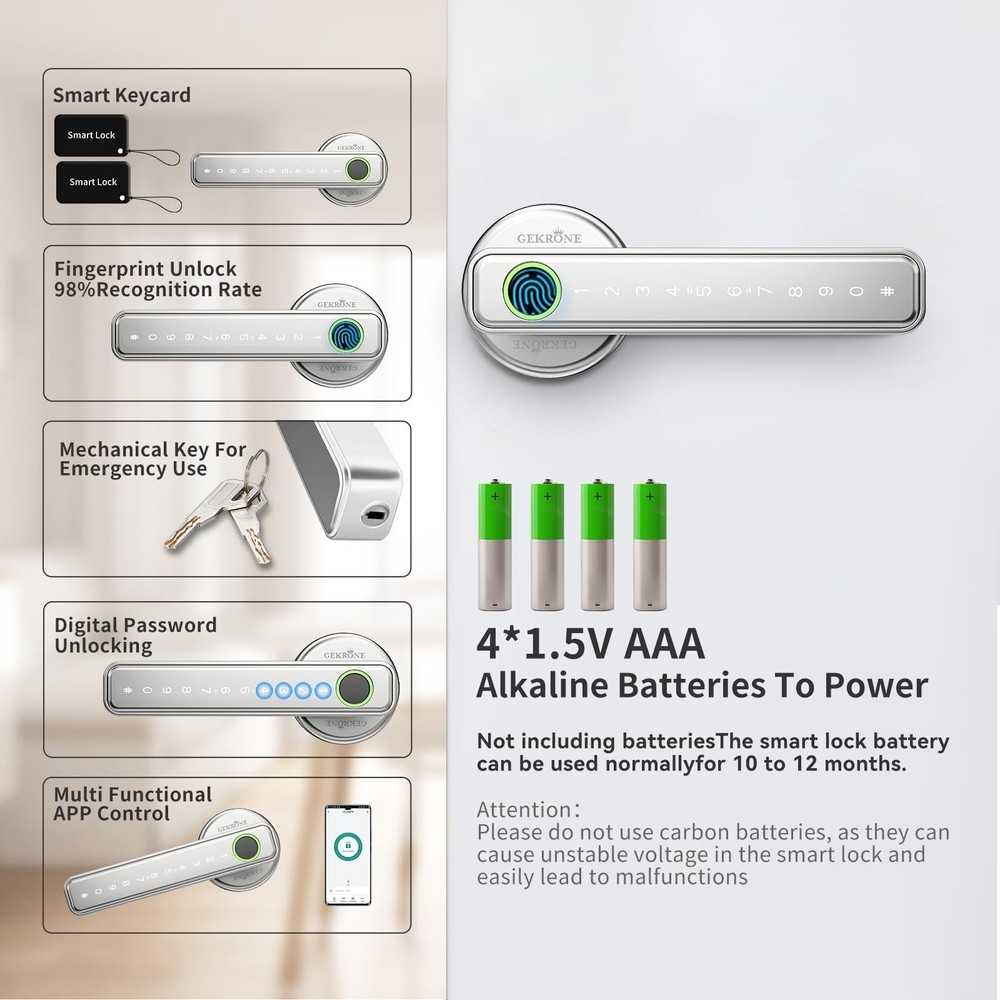 Fingerprint Smart Lever Lock TUYA APP Control Keyless Entry Bluetooth Touchsc...
