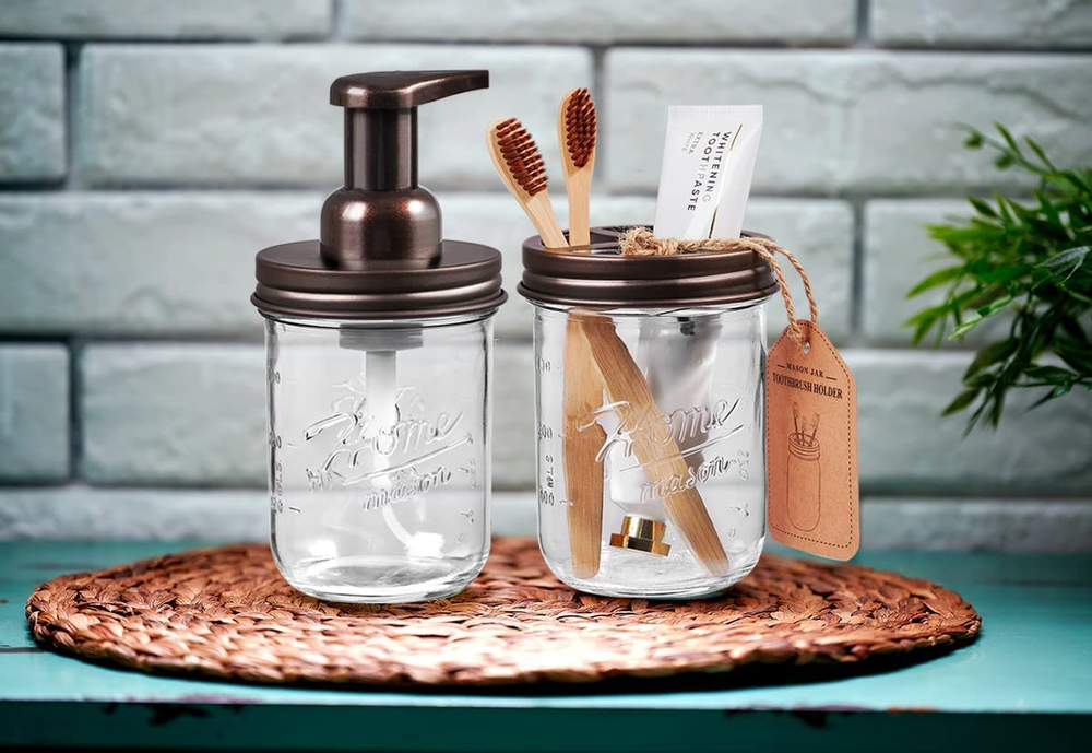 Mason Jar Bathroom Accessories Set - Includes Mason Jar Foaming Hand Soap
