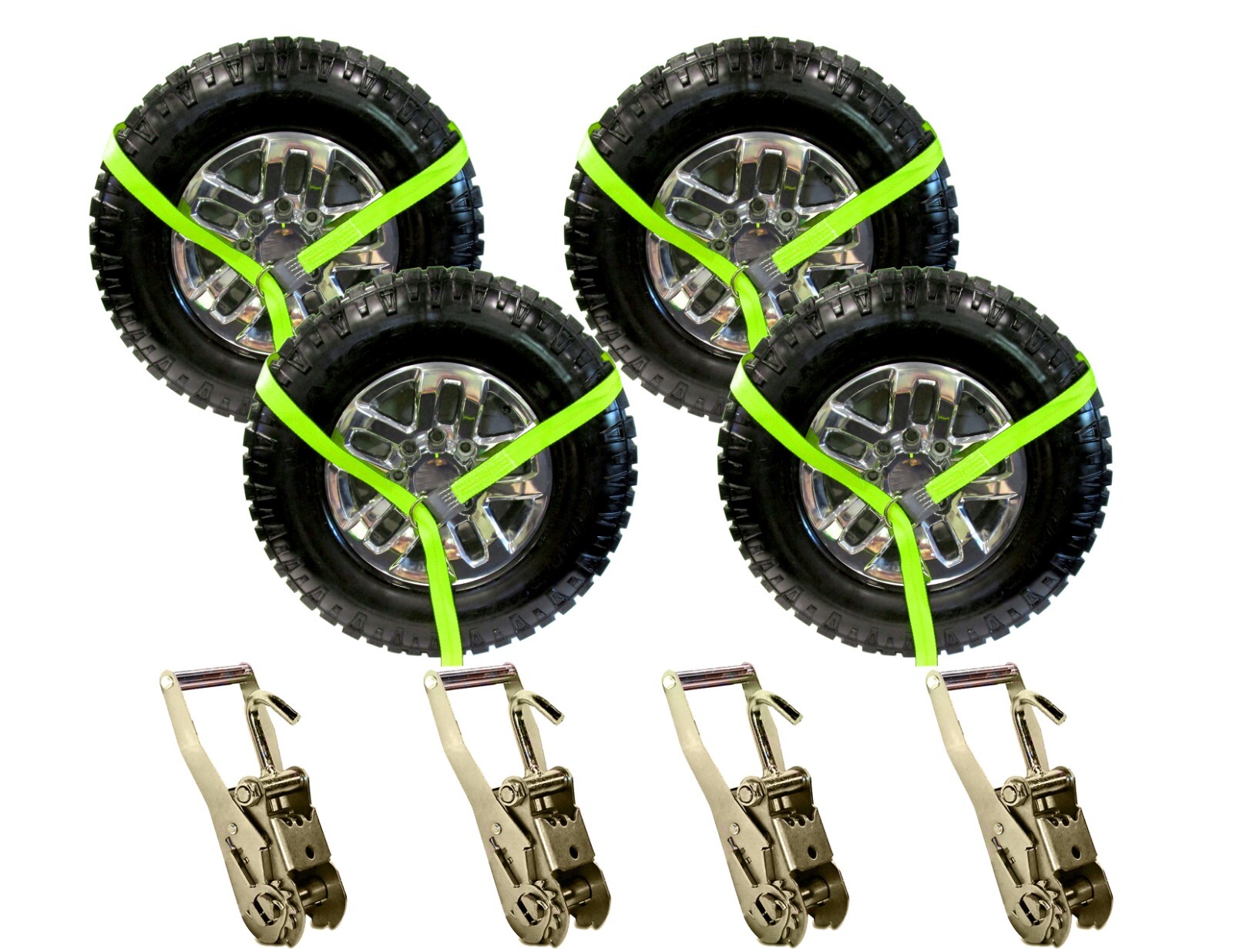 USA 8pc Green 8' Lasso Strap 2" Ratchet w/ Finger Hook Tow Truck Tire Wheel Tie