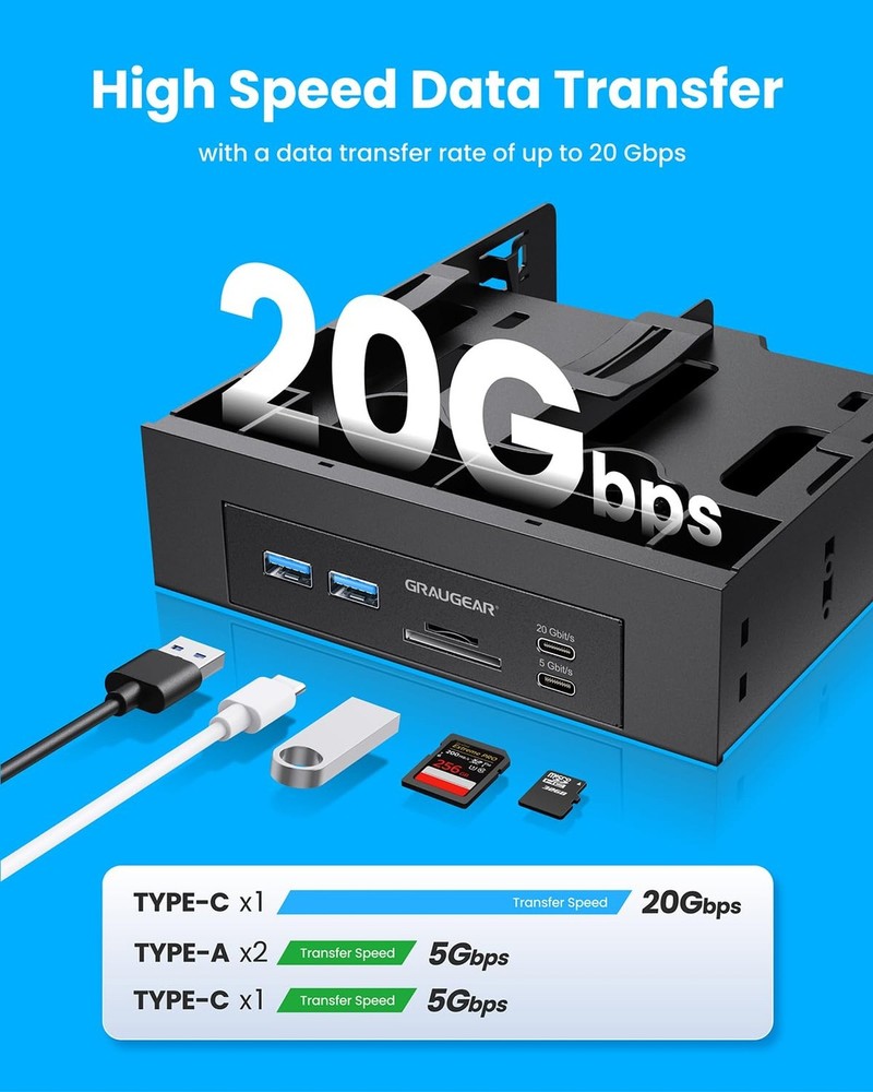 GRAUGEAR 5.25” Front Panel USB Hub, Internal SD/microSD Card Reader for De