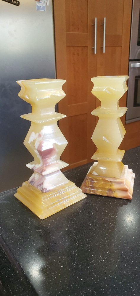 Pair Vintage Marble Stone Candlestick Holders Marble
