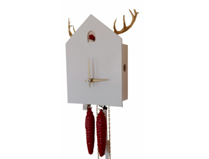 White Black Forest Cuckoo Clock w/ Gold Deer Anters, Handmade Solid Wood Clock