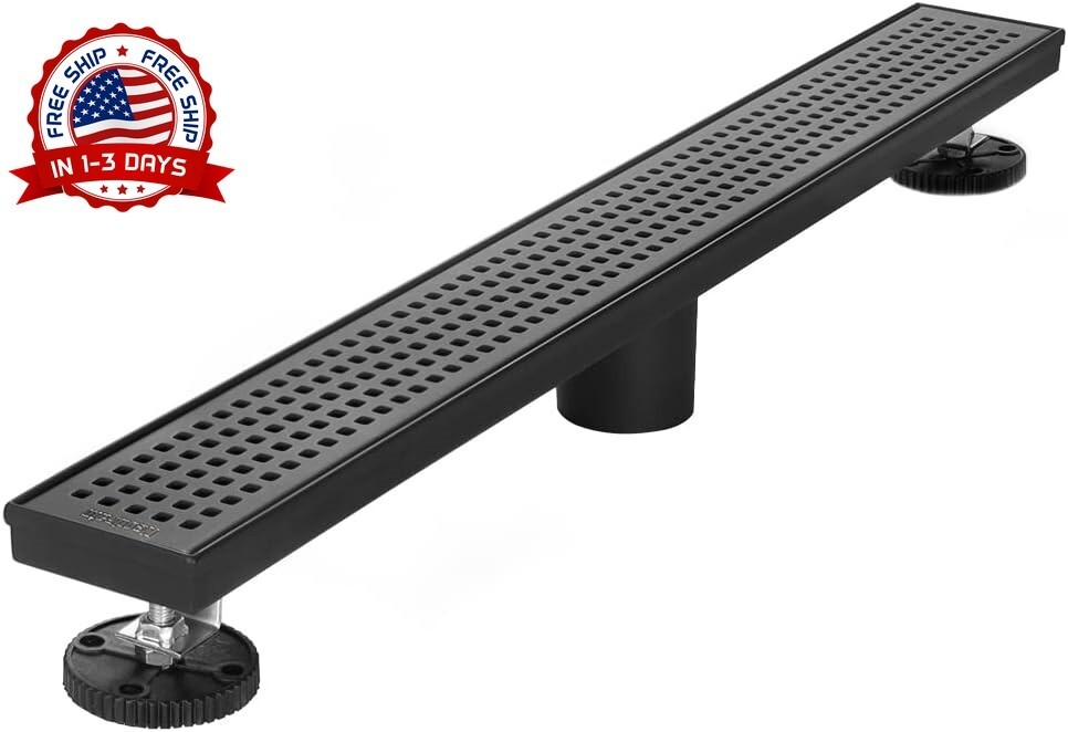 Desagüe de ducha lineal de 24 pulgadas, desagüe de suelo rectangular negro