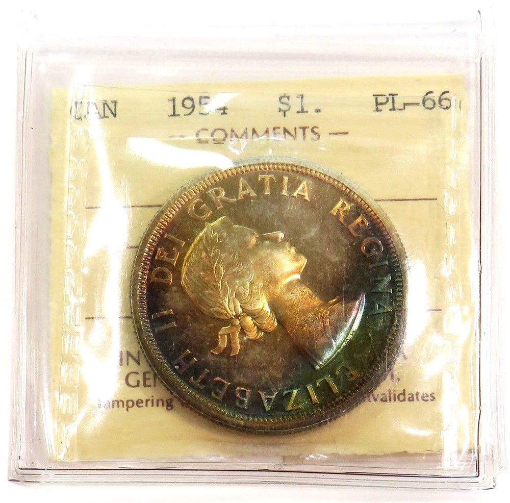 1954 CANADA SILVER DOLLAR RAINBOW COLORS ICCS MINT STATE PROOF-LIKE 66