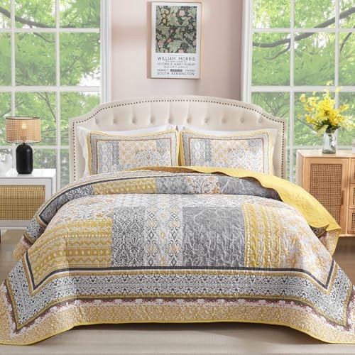 Quilt Set,Bohemian Patchwork Bedspread Coverlet Set, Reversible Queen Yellow