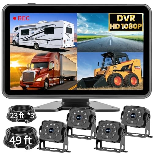 4 Wired Backup Camera System: 10.1" 1080P Touch DVR Recording Quad Split