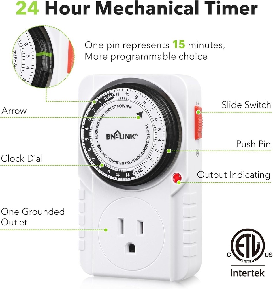 Grounded 24-Hour Plug-In Timer for Efficient Lighting & Appliance Automation