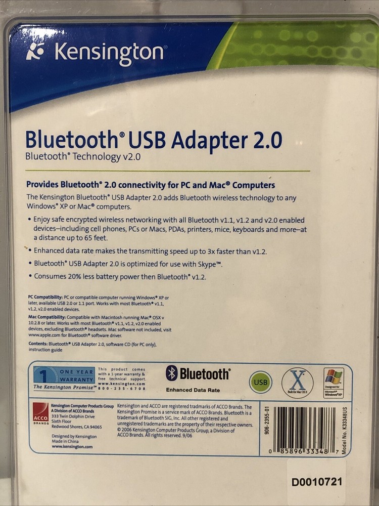 Kinsington Bluetooth USB Adapter 2.0 Brand New