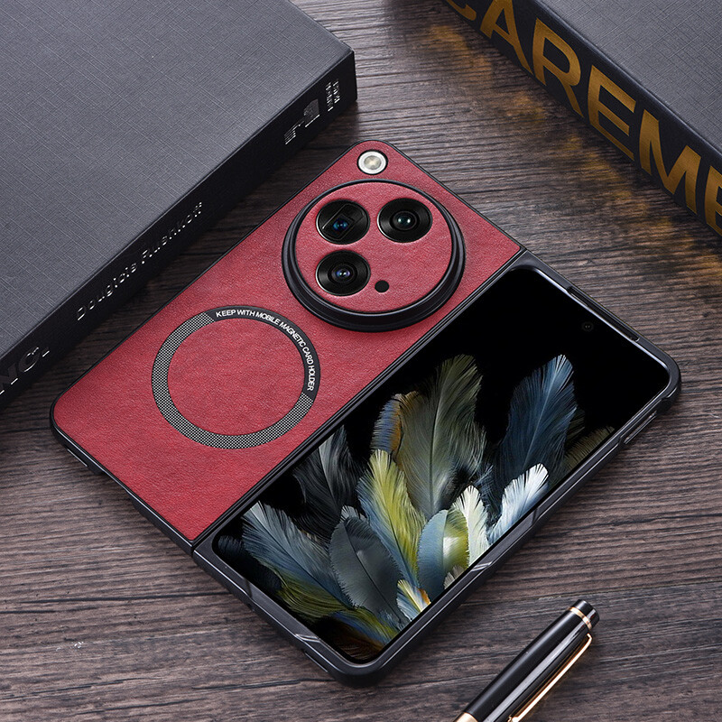 For OnePlus Open Red Thin Luxury Plain Leather Magsafe Shockproof Phone Case