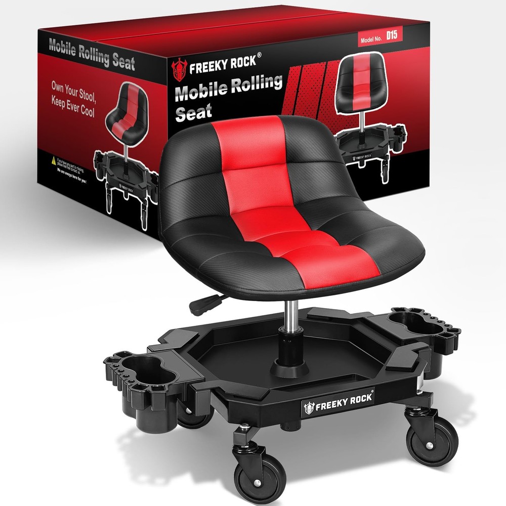 FREEKYROCK Rolling Stool with Wheels, Adjustable Height Pneumatic Garage Work