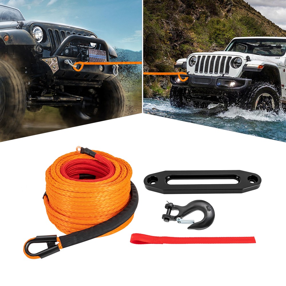 3/8" 100FT Synthetic Winch Rope – 23809 lbs Strength with Hook & Guide