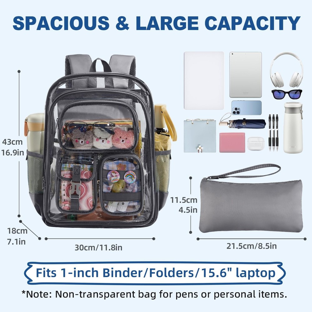 Grey Clear Backpack Heavy Duty Large Transparent Bookbag Multiple Pockets