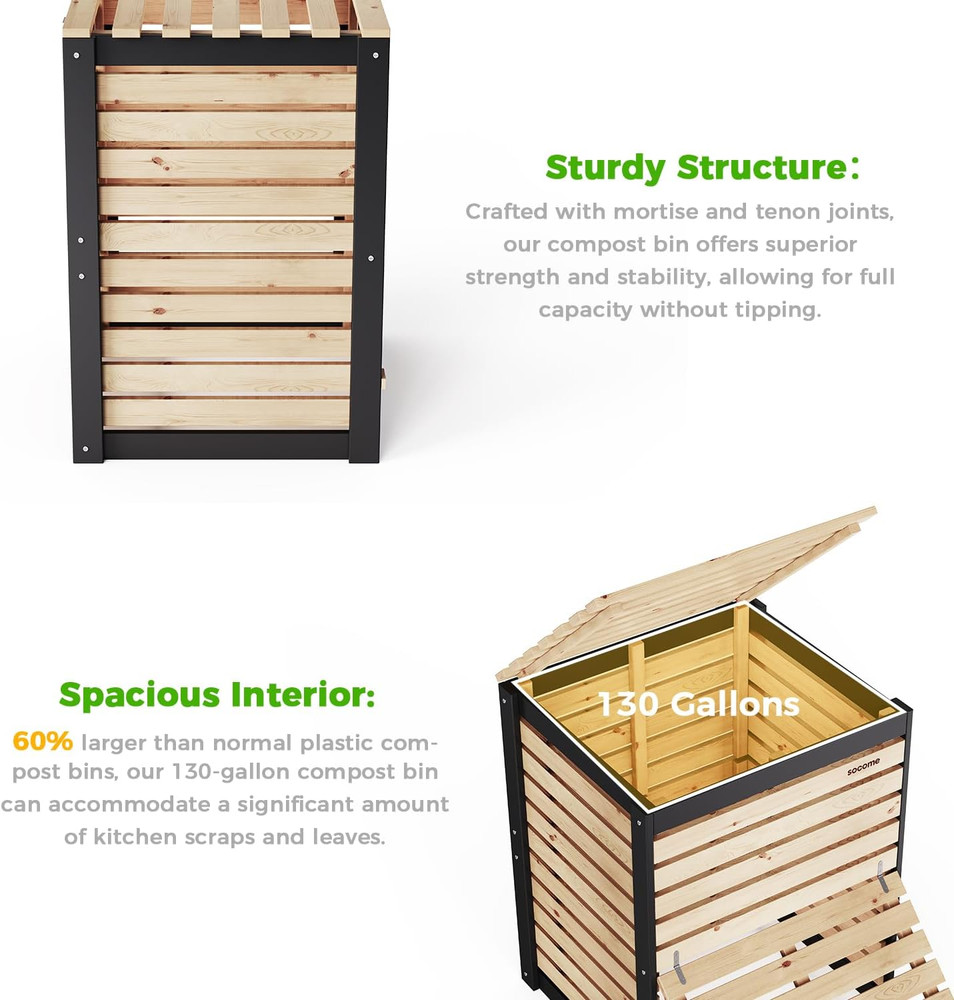 130 Gallon Solid Wood Composter, Outdoor Compost Bin with Pull-Out Door, Heavy D