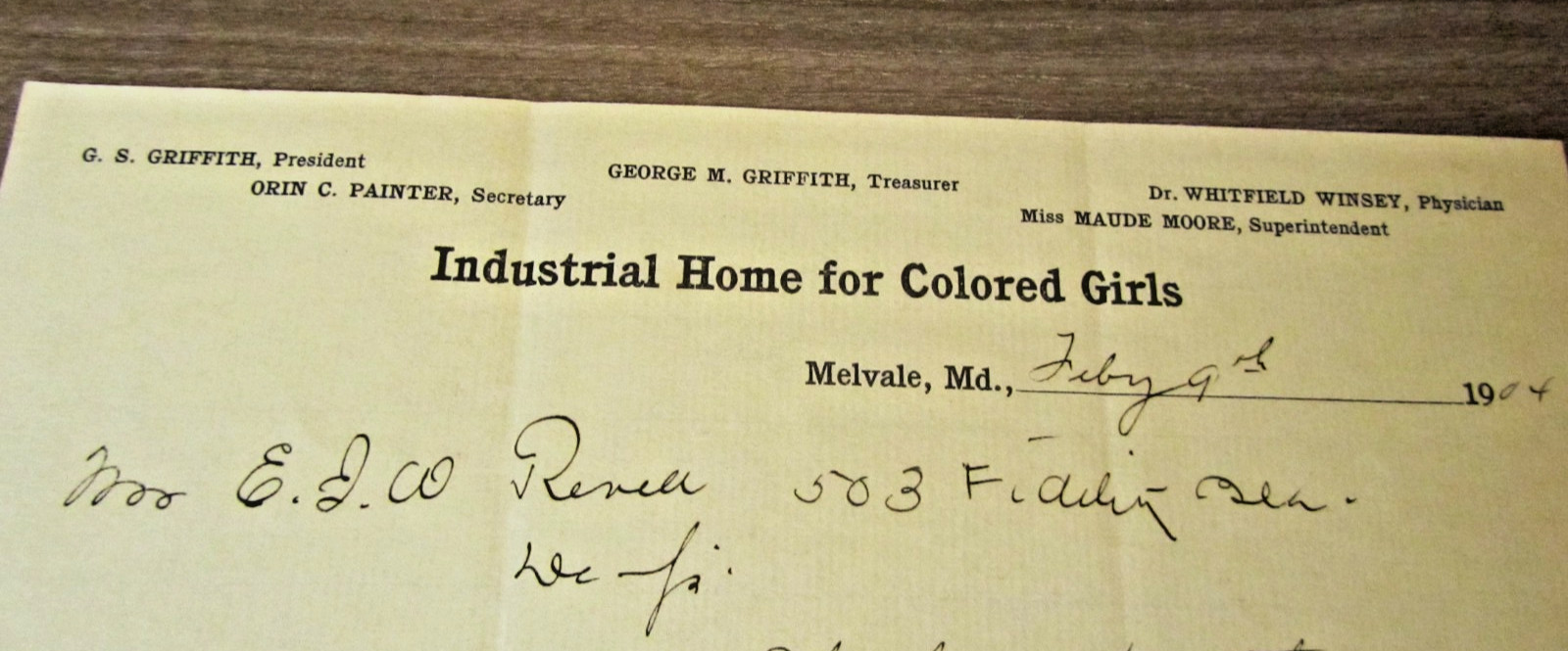 Antique 1904 Melvale Maryland Industrial Home For Colored Girls Signed Letter