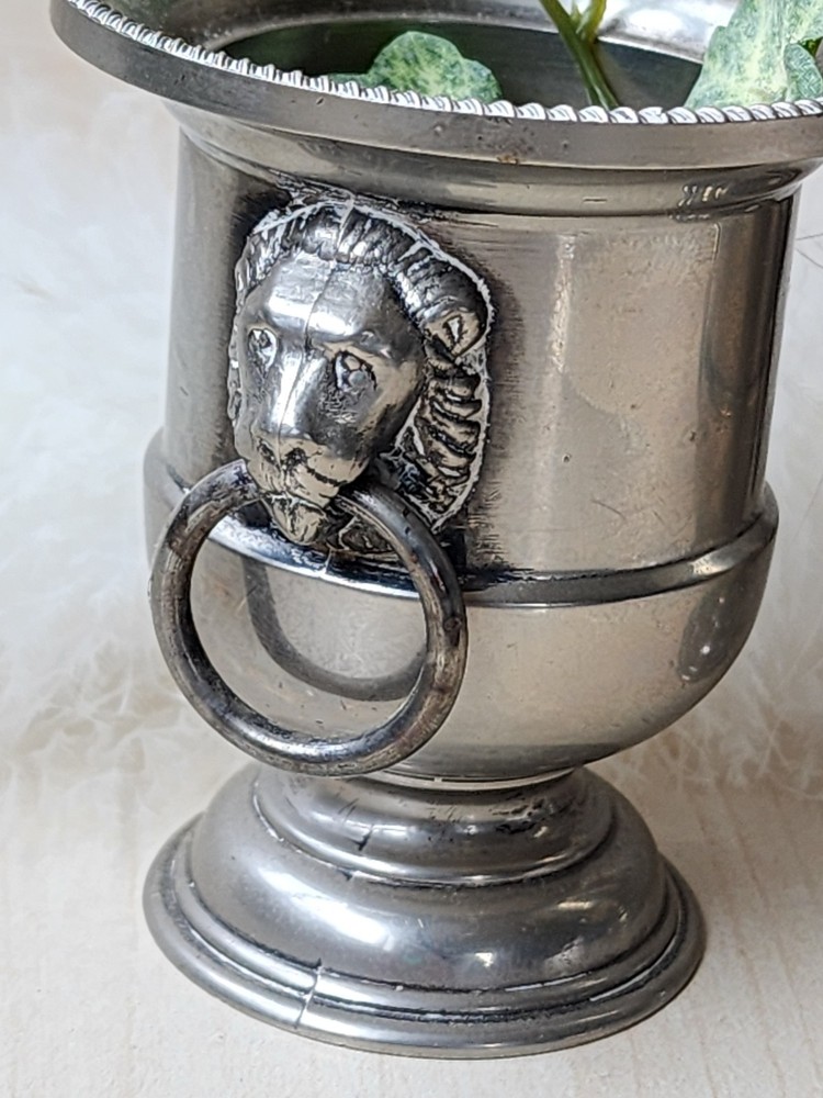 🌿 Pair Of Vintage EALES 1776 Lion's Head Metal Pot Silverplate 3" bucket Urns