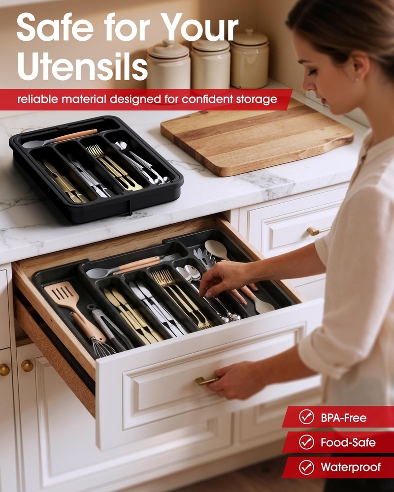 Aujen Silverware Organizer - Expandable Kitchen Drawer Medium, Black