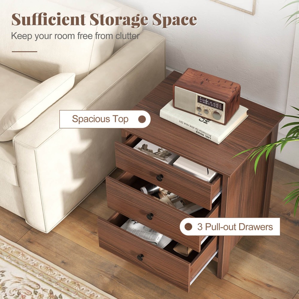 Nightstand w/ 3 Drawer for Bedroom Compact Storage Chest Modern Sofa Side
