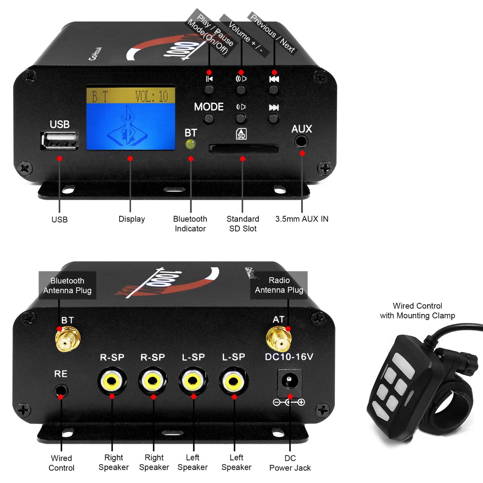 1000W Amplifier Motorcycle ATV UTV Bluetooth Audio System Radio Stereo MP3 USB