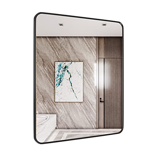 Black Metal Framed Mirror Rectangle Wall Mount Bathroom Vanity Mirror, 20” X