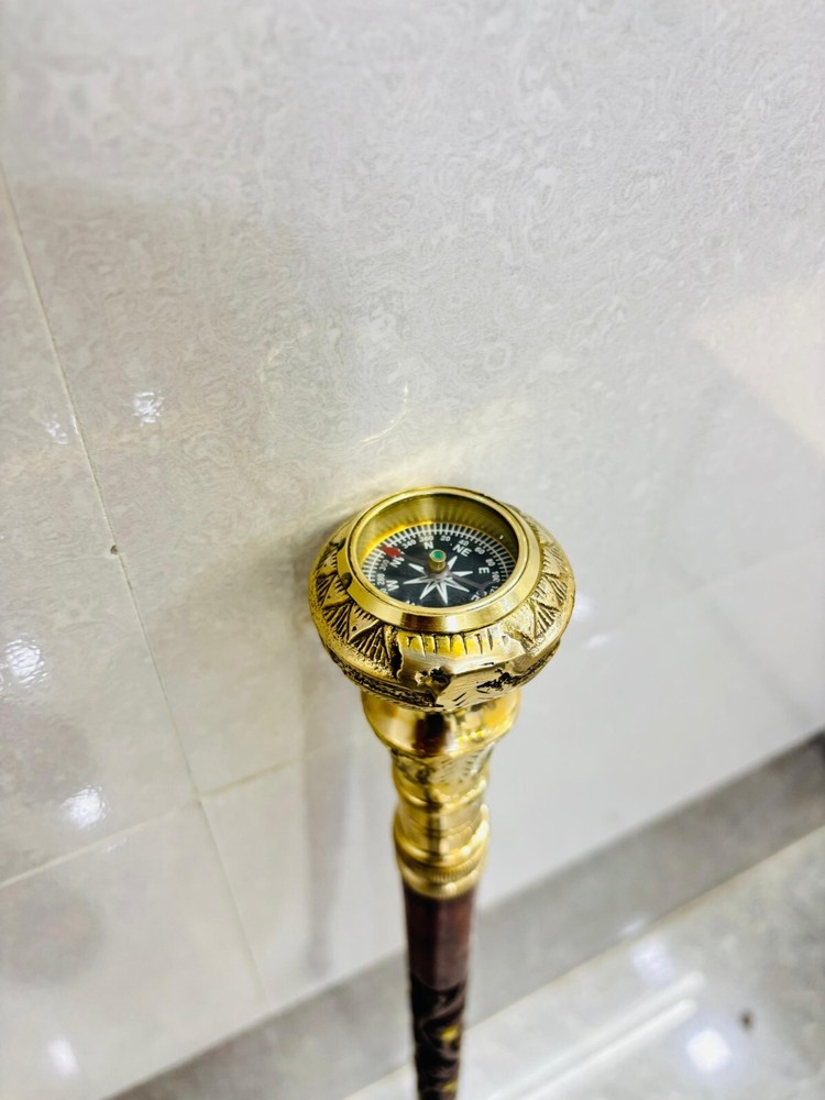 Nautical Brass Victorian CompassHandle With Three Fold Elegant StyleWalkingStick