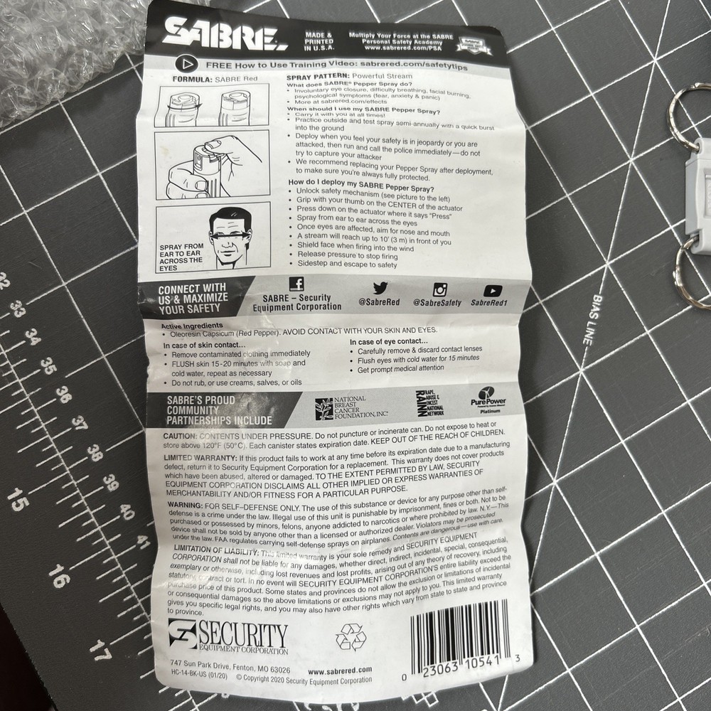 Sabre Red Pepper Spray with Quick Release Key Ring - Gray