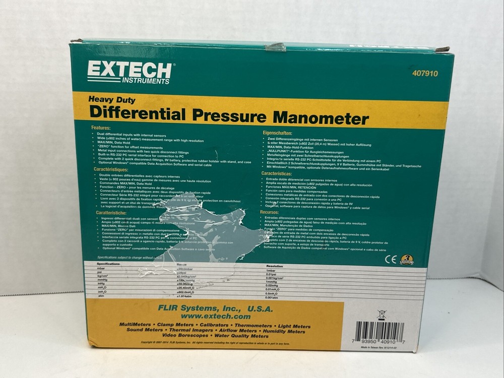 EXTECH Model 407910 Differential Pressure Manometer With Case
