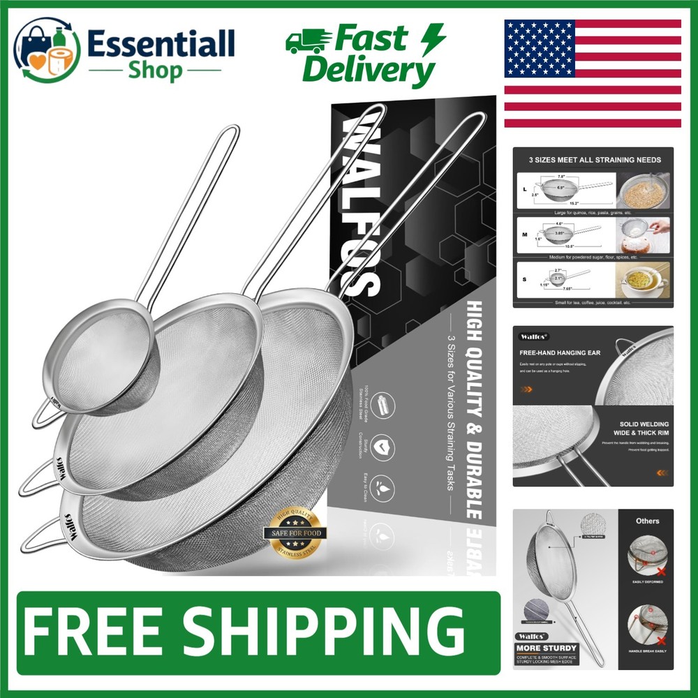 Essential 3-Sized Fine Mesh Strainers Set - Sturdy Design for Easy Kitchen Tasks