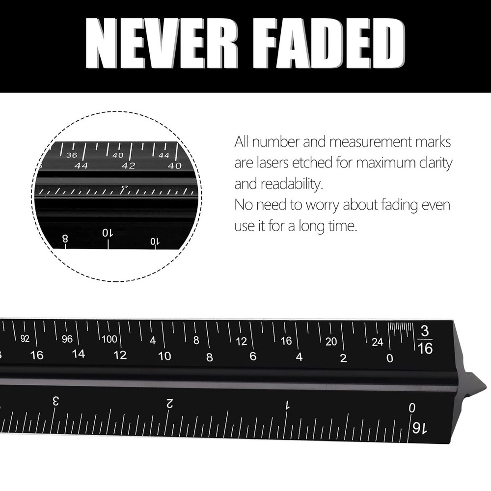 12" Architectural Scale Ruler, Aluminum Scale, Triangular black