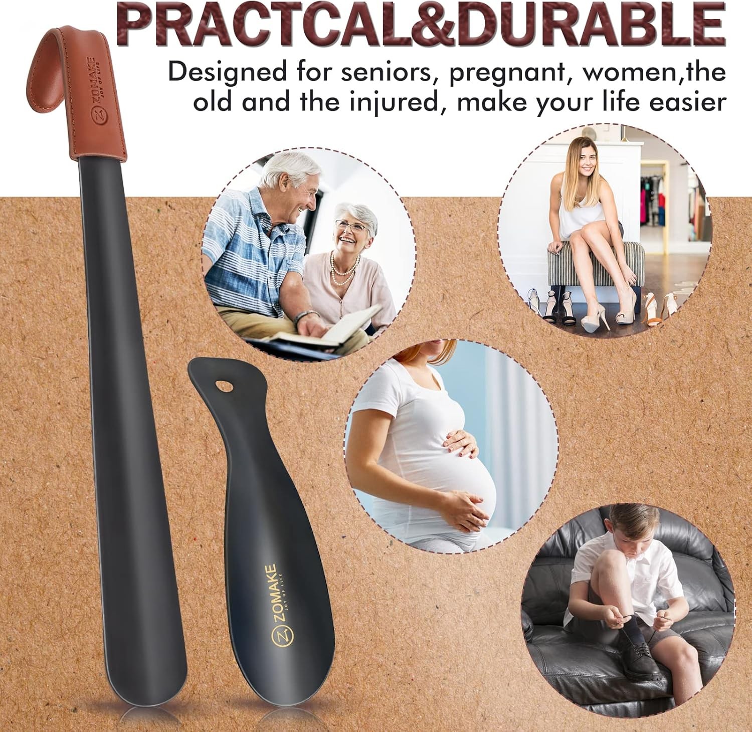 ZOMAKE Long Shoe Horn Metal Handle for Seniors Boots Shoe Spoon Helper 2 Pack