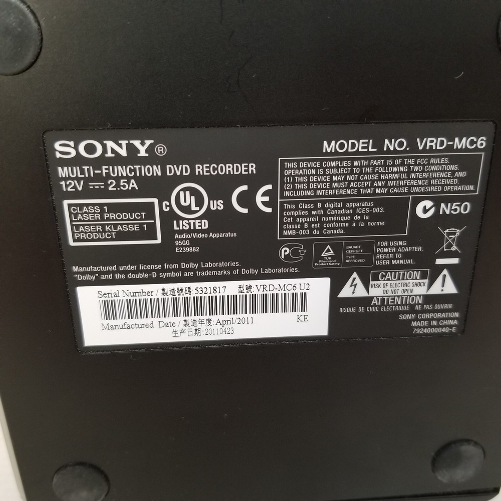 Sony VRD-MC6 Multi Function SDVD Recorder with Power Supply Cord