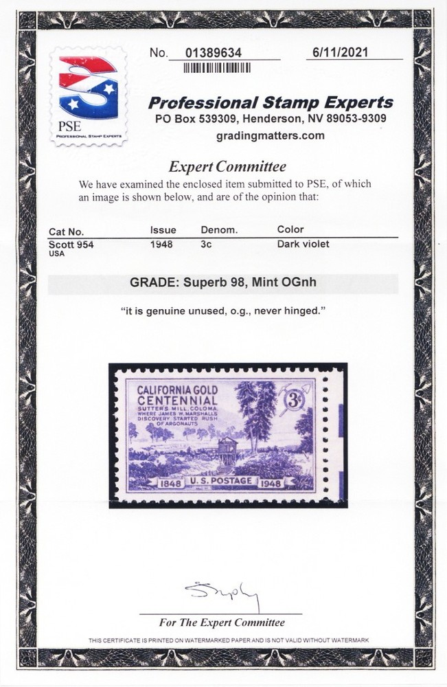 954, Mint Superb NH 3¢ - PSE Graded 98 * Stuart Katz
