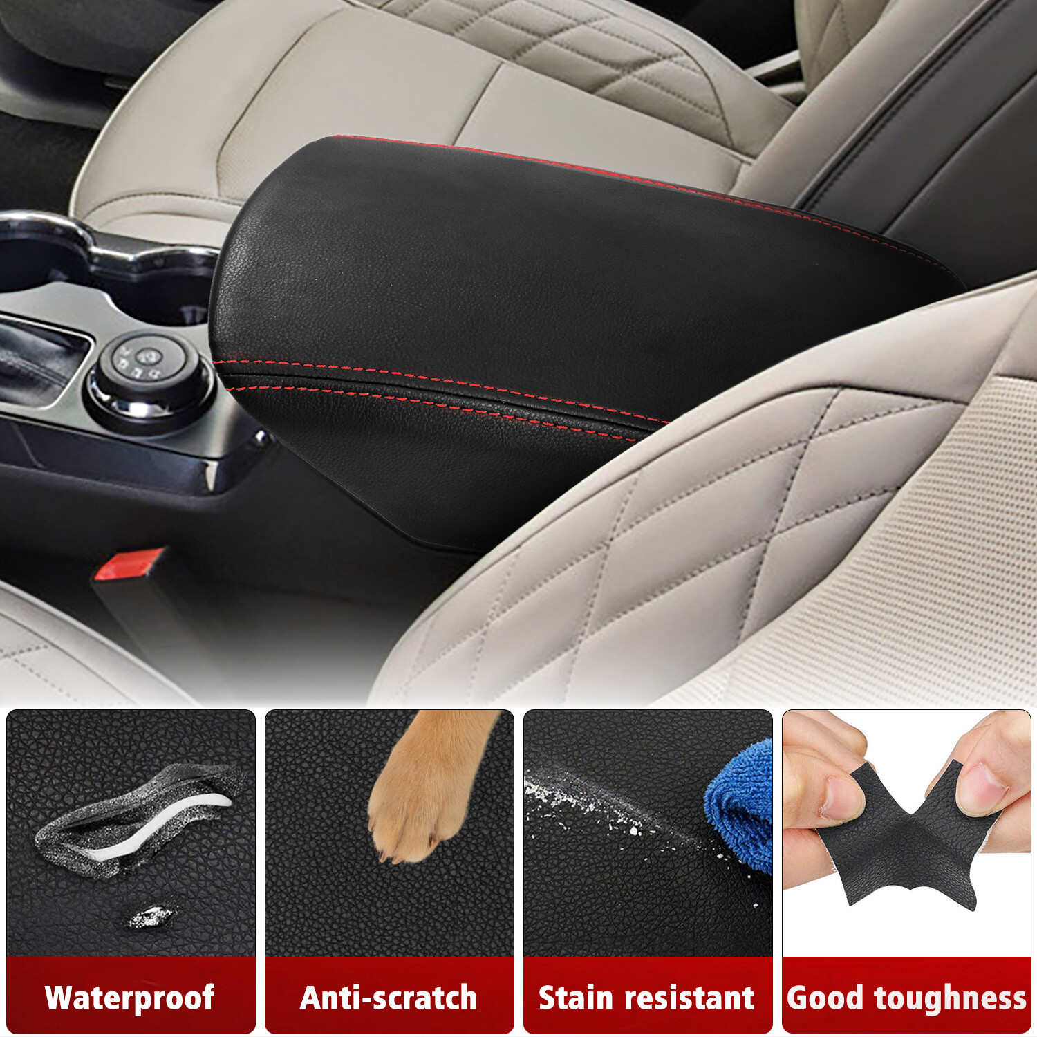 Fits 2011-2019 Ford Explorer Leather Center Console Lid Armrest Cover Red Stitch