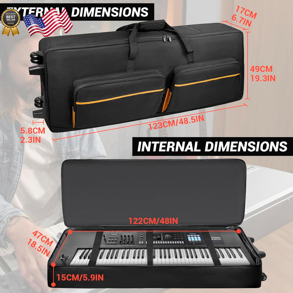 73/76 Key Keyboard Case with Wheels & Adjustable Shoulder Straps– Padded Rolling