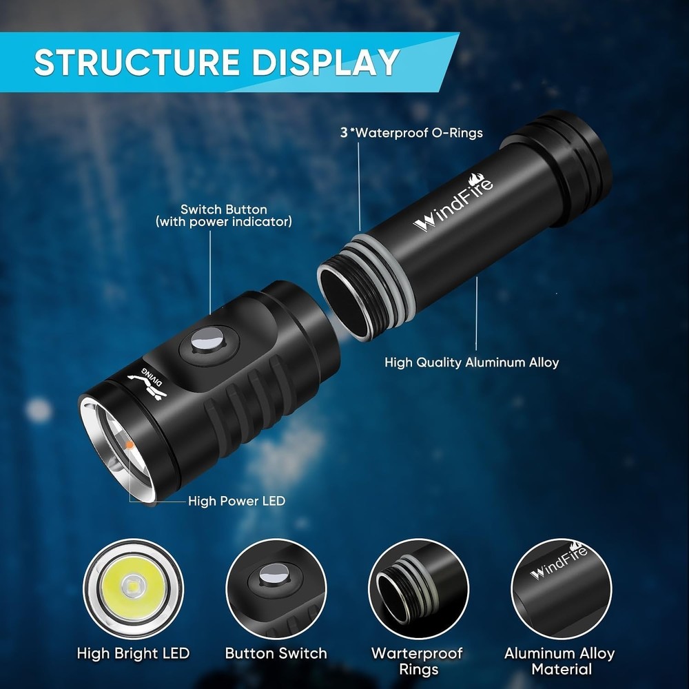 Durable Underwater Flashlight with Battery Indicator - Ideal for Night Diving