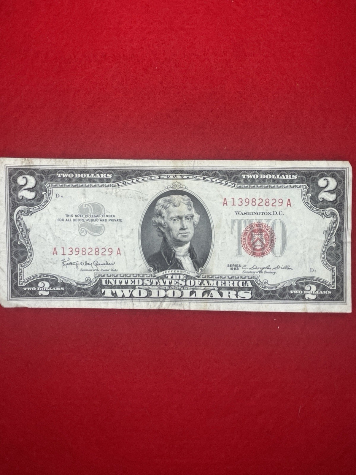 🌴1963 $2 United States Note • Red Seal Bill RARE