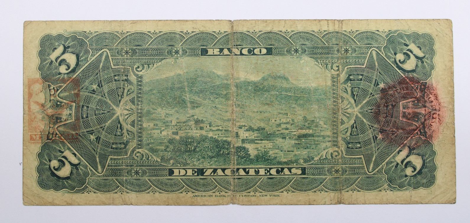Mexico 5 Pesos, 1908 P-S475d Series L Zacatecas #0427