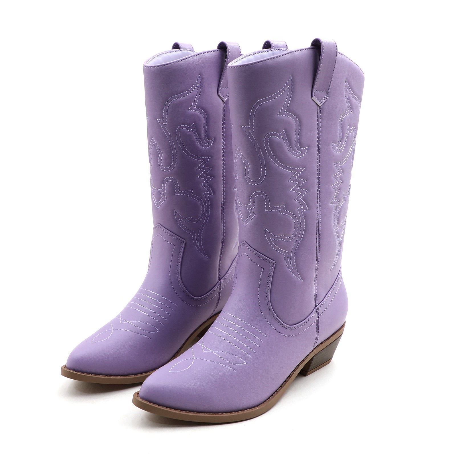 Women Western Cowgirl Boots Faux Leather Mid-Calf Length with Embroidered Design