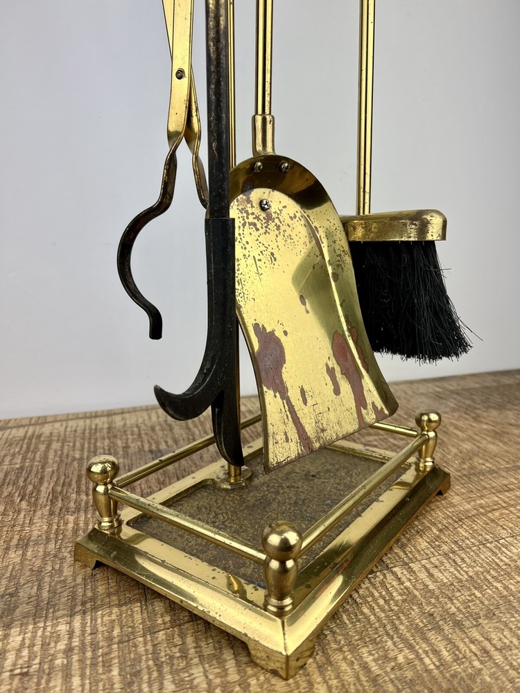 Vintage Solid Brass Black Leather Handles MCM Fireplace 5 Piece Tool Set