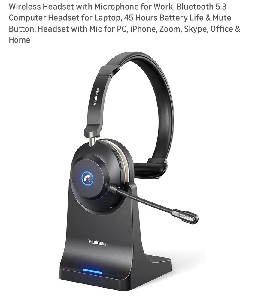 Vipdream Wireless Headset with Microphone for Work, Bluetooth 5.3 Computer Heads