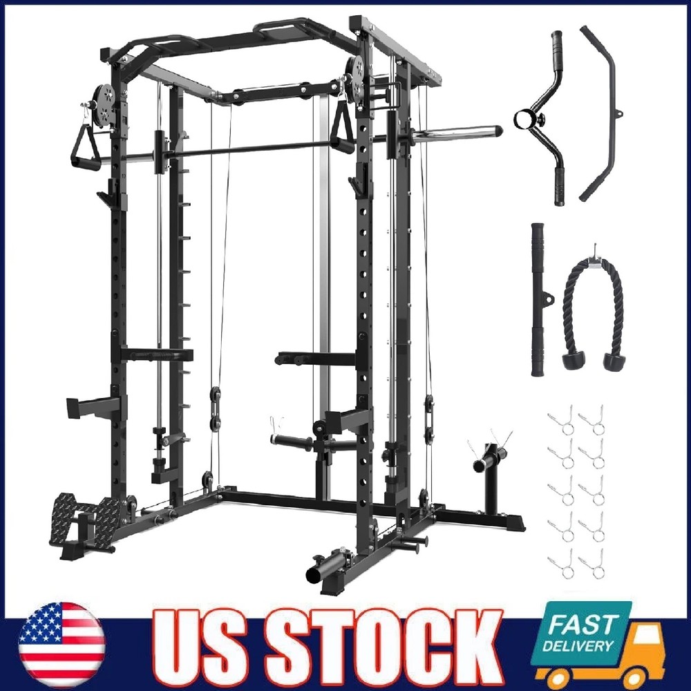 Smith Machine Power Cage with Pulley System LAT Pulldown Squat Rack for Home Gym