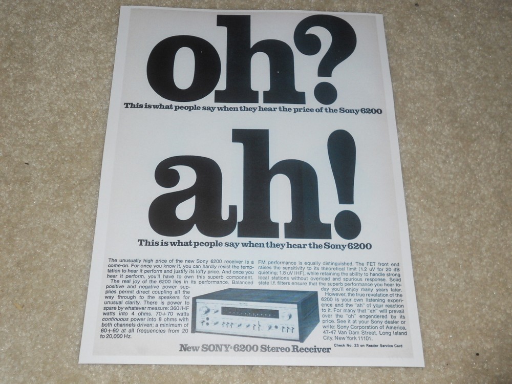 Sony STR-6200 Receiver Ad, 1 pg, 1971, Specs, Article