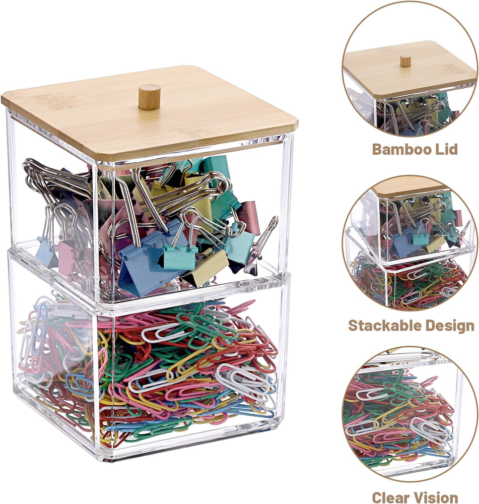 Clear Stackable Paper Clip Holder with Bamboo Lid 2-Layer Paperclip Box Thick Ac