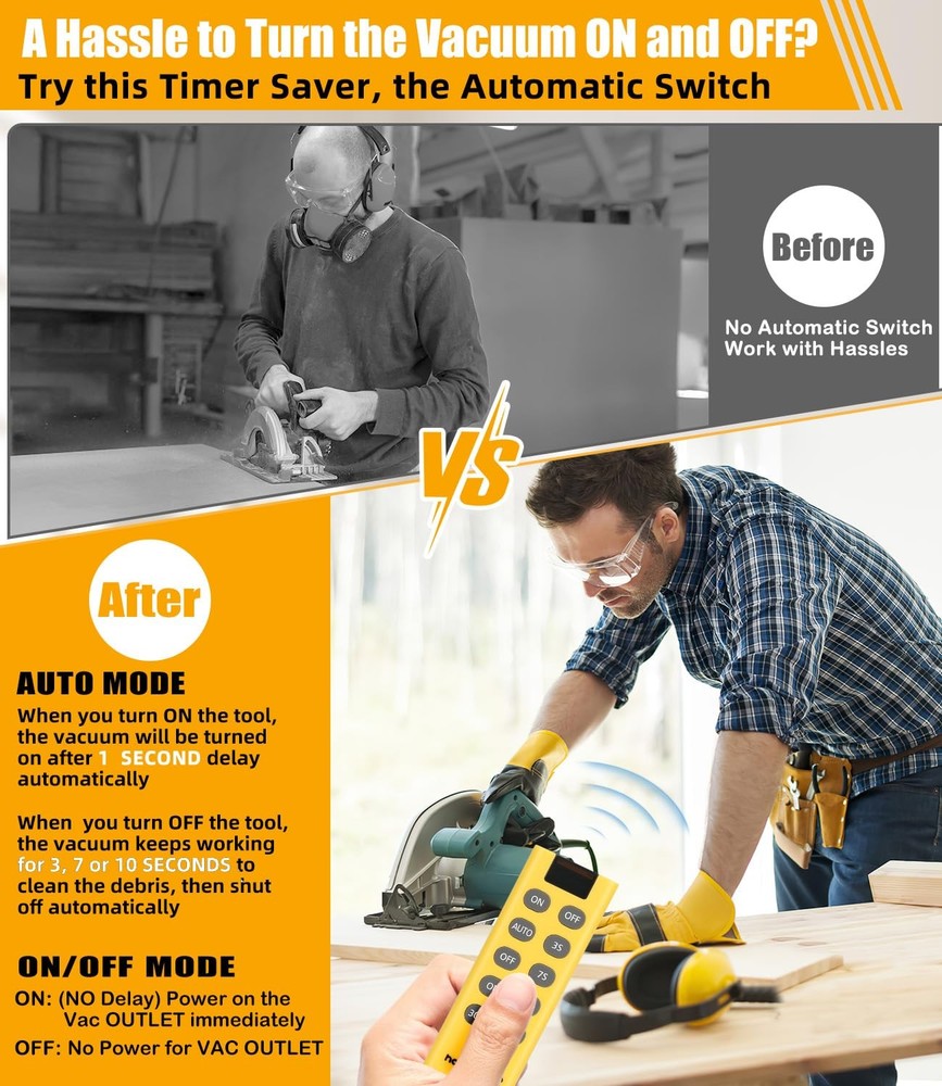 Automatic Vacuum Switch with Remote, 3/7/10s Delay Auto Yellow